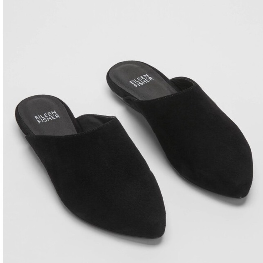 Eileen Fisher Black Suede Pointed Toe Mules Italian Leather Sole Womens 7.5